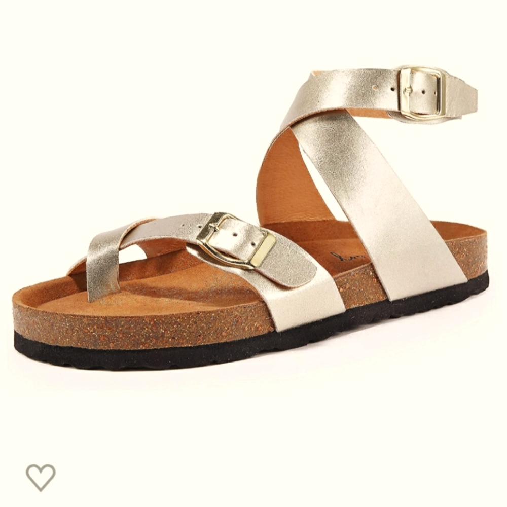 Metallic Cork-soled Sandal with Ankle Strap